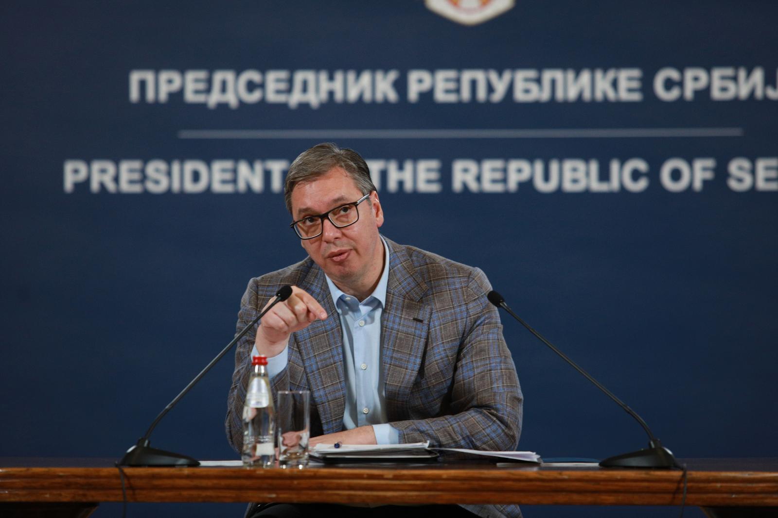 12, May, 2023, Belgrade - Addressing the public by the President of Serbia, Aleksandar Vucic, after the meeting with Miroslav Lajcak. Aleksandar Vucic.



12, maj, 2023, Beograd - Obracanje javnosti predsednika Srbije Aleksandra Vucica posle sastanka sa Miroslavom Lajcakom. Photo: Milos Tesic/ATA Images/PIXSELL