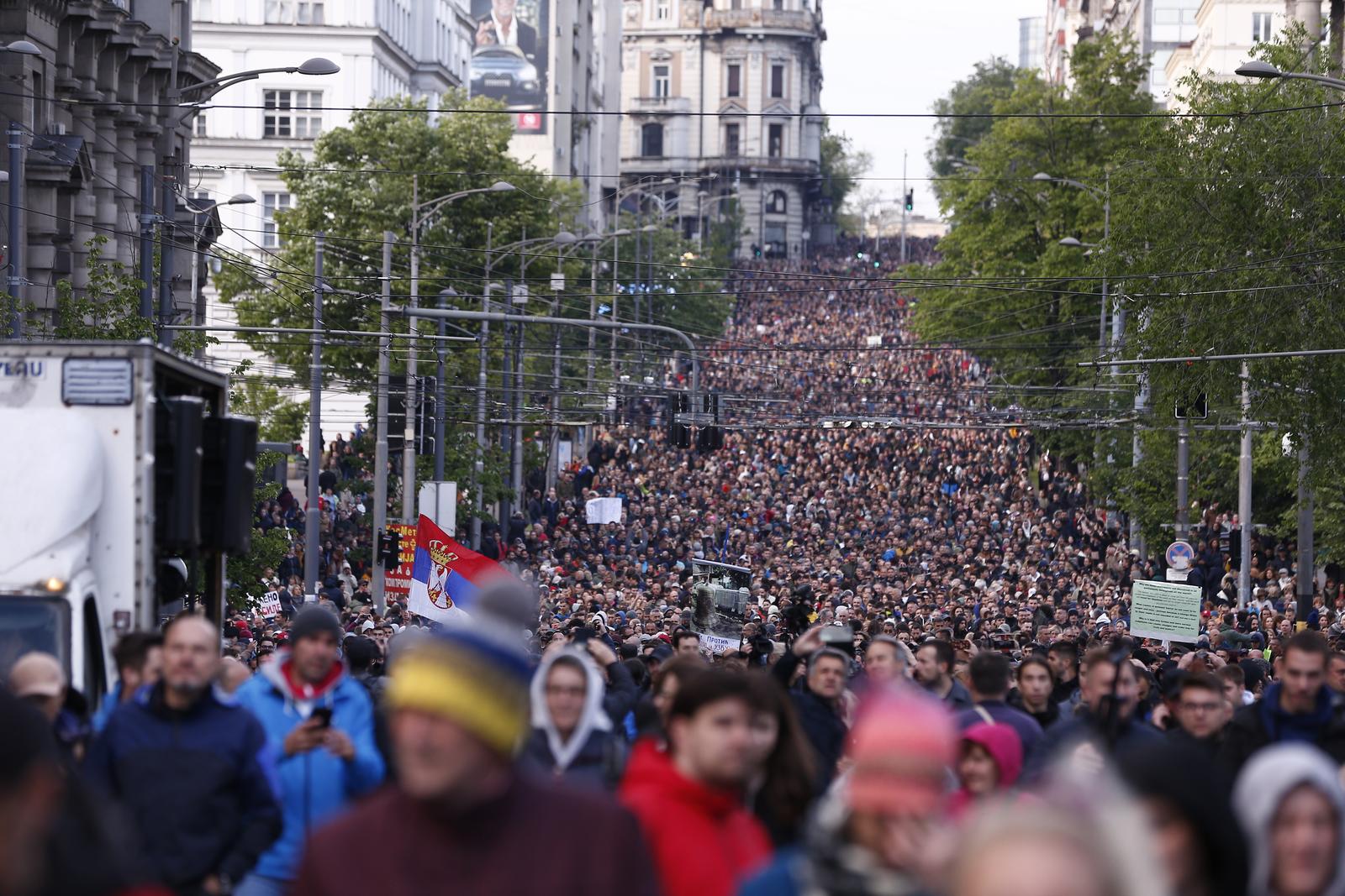 12, May, 2023, Belgrade - A second protest called "Serbia against violence" started in front of the House of the National Assembly, organized by a part of the pro-European opposition parties, and then the gathered headed towards the Gazela bridge. Photo: Amir Hamzagic/ATAImages

11, maj, 2023, Beograd  - Ispred Doma Narodne skupstine je poceo drugi protest pod nazivom "Srbija protiv nasilja" u organizaciji dela proevropskih opozicionih stranaka, a potom su okupljeni krenuli ka mostu Gazela. Photo: Amir Hamzagic/ATAImages Photo: Amir Hamzagic/ATA Images/PIXSELL