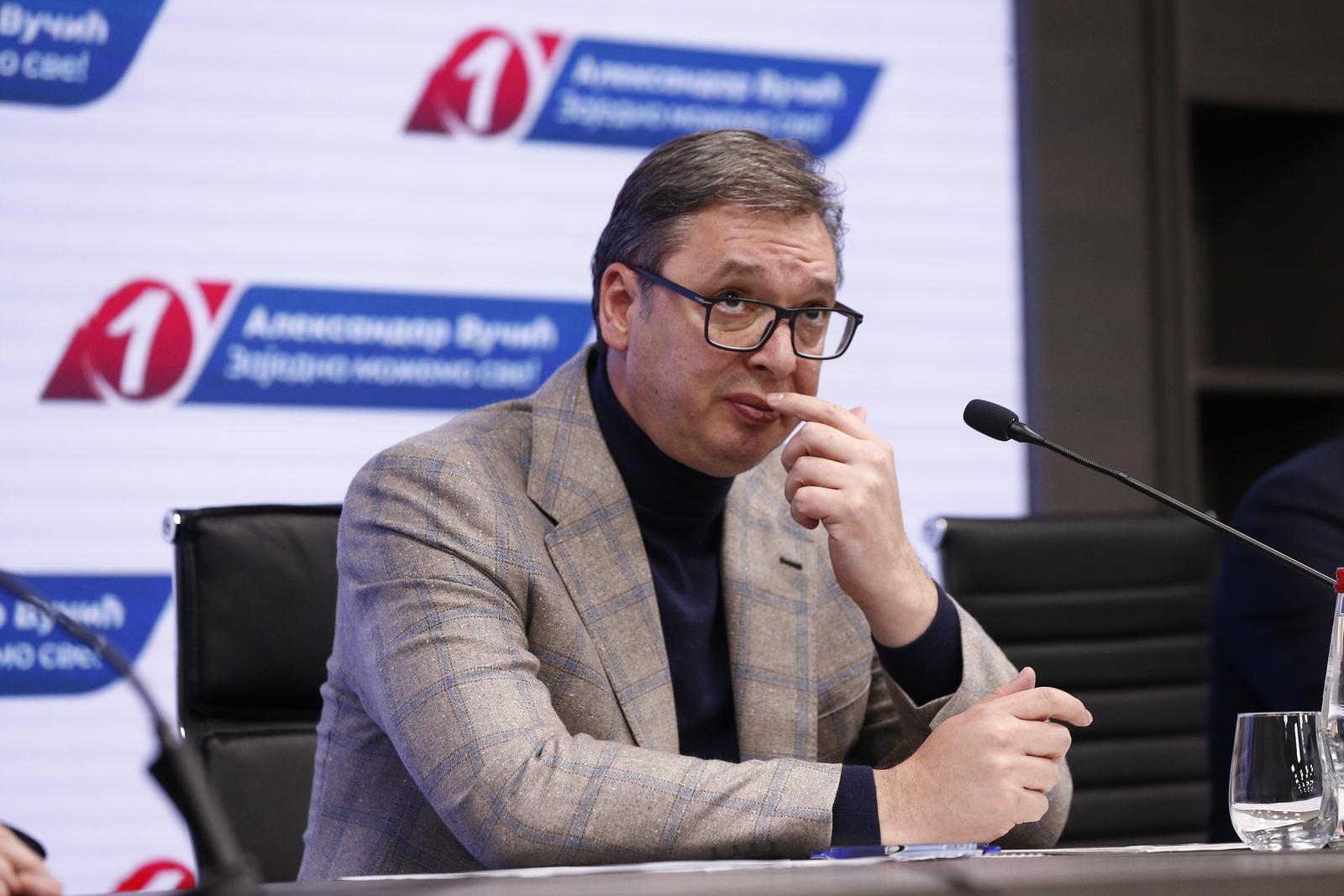16, May, 2023, Belgrade - The President of the Republic of Serbia and the President of the Serbian Progressive Party, Aleksandar Vucic, held a media conference after the party's presidency. Aleksandar Vucic. Photo: Amir Hamzagic/ATAImages

16, maj, 2023, Beograd  - Predsednik Republike Srbije i predsednik Srpske napredne stranke Aleksandar Vucic je odrzao konferenciju za medije nakon predsednistva stranke. Photo: Amir Hamzagic/ATAImages Photo: Amir Hamzagic/ATA Images/PIXSELL