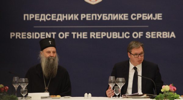 18, May, 2022, Belgrade - The President of the Republic of Serbia, Aleksandar Vucic, hosted His Holiness the Serbian Patriarch Mr. Porfirije and the bishops of the Serbian Orthodox Church, who gathered at this year's regular Council of Bishops of the Serbian Orthodox Church, in the building of the General Secretariat of the President of the Republic. Serbian Patriarch Porfirije, Aleksandar Vucic. Photo: Milos Tesic/ATAImages

18, maj, 2022, Beograd - Predsednik Republike Srbije Aleksandar Vucic ugostio je Njegovu svetost patrijarha srpskog g. Porfirija i gospodu episkope Srpske pravoslavne crkve, koji su se okupili na redovnom ovogodisnjem arhijerejskom Saboru SPC, u zgradi Generalnog sekretarijata predsednika Republike. Photo: Milos Tesic/ATAImages Photo: Milos Tesic/ATA Images/PIXSELL