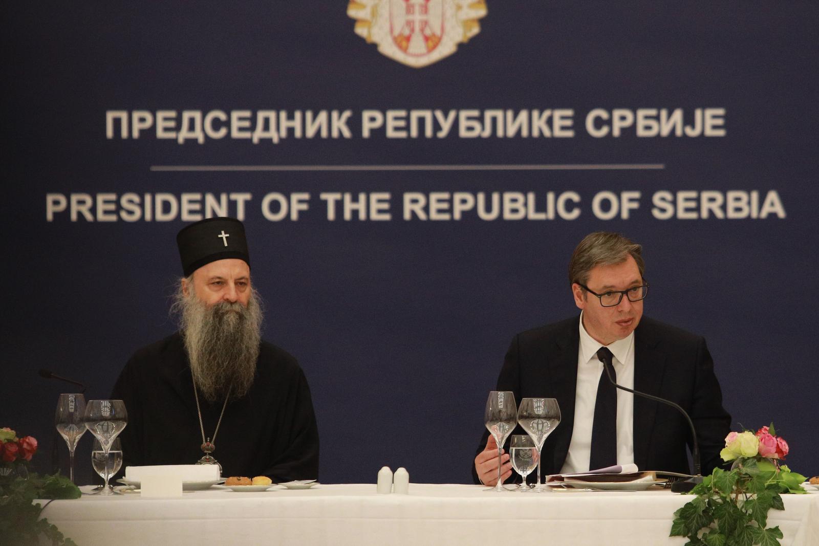 18, May, 2022, Belgrade - The President of the Republic of Serbia, Aleksandar Vucic, hosted His Holiness the Serbian Patriarch Mr. Porfirije and the bishops of the Serbian Orthodox Church, who gathered at this year's regular Council of Bishops of the Serbian Orthodox Church, in the building of the General Secretariat of the President of the Republic. Serbian Patriarch Porfirije, Aleksandar Vucic. Photo: Milos Tesic/ATAImages

18, maj, 2022, Beograd - Predsednik Republike Srbije Aleksandar Vucic ugostio je Njegovu svetost patrijarha srpskog g. Porfirija i gospodu episkope Srpske pravoslavne crkve, koji su se okupili na redovnom ovogodisnjem arhijerejskom Saboru SPC, u zgradi Generalnog sekretarijata predsednika Republike. Photo: Milos Tesic/ATAImages Photo: Milos Tesic/ATA Images/PIXSELL