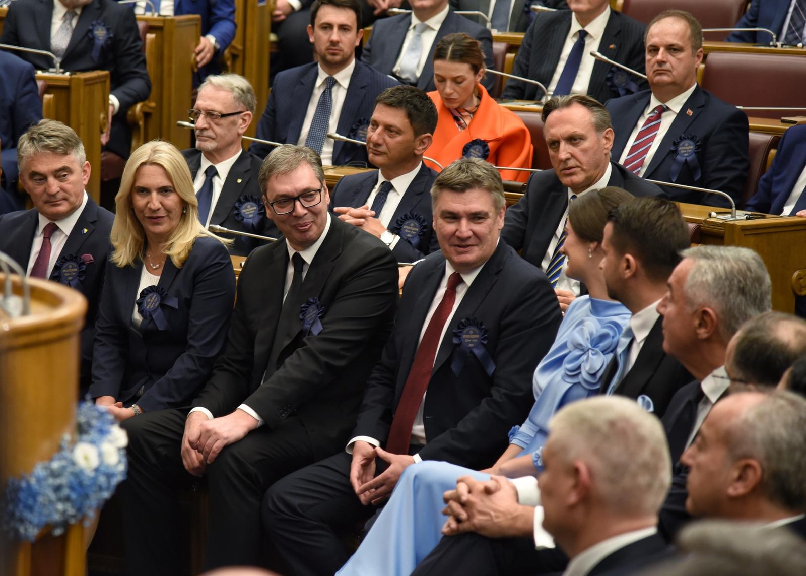 20, May, 2023, Podgorica - The President of the Assembly of Montenegro, Danijela Djurovic, called a session for May 20 at 12 noon, at which the elected President Jakov Milatovic took the oath and took office as the President of Montenegro. Zeljka Cvijanovic, Aleksandar Vucic, Zoran Milanovic, Milena Milatovic, Jakov Milatovic. Photo:R.R./ATAImages

20, maj, 2023, Podgorica - Predsednica Skupstine Crne Gore Danijela Djurovic je sazvala  za 20. maj u 12 sati sednicu, na kojoj je izabrani predsednik Jakov Milatovic polozio zakletvu i stupio na duznost predsednika Crne Gore. Photo: R.R./ATAImages Photo: R.R./ATAImages/PIXSELL