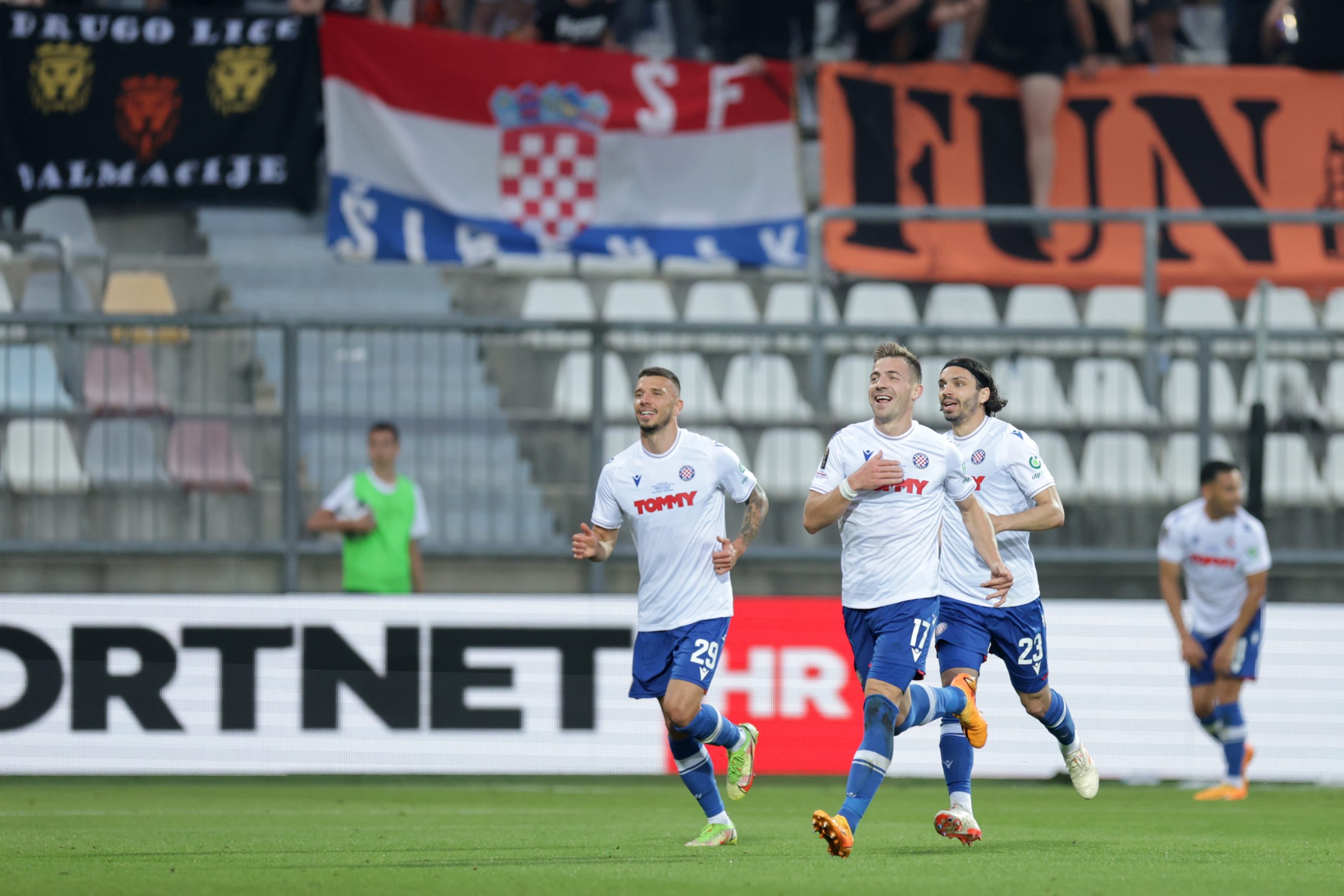 24.05.2023., stadion HNK Rijeka, Rijeka - Finalna utakmica SuperSport Hrvatskog nogometnog kupa, HNK Hajduk - HNK Sibenik. Nogometasi Hajduka slave pogodak Darija Melnjaka za 1:0. ¸ Photo: Luka Stanzl/PIXSELL