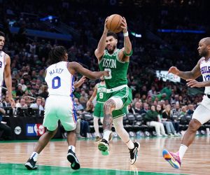 May 3, 2023; Boston, Massachusetts, USA; Boston Celtics forward Jayson Tatum (0) drives the ball against Philadelphia 76ers guard Tyrese Maxey (0) in the third quarter during game two of the 2023 NBA playoffs at TD Garden. Mandatory Credit: David Butler II-USA TODAY Sports Photo: David Butler II/REUTERS