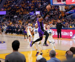 May 4, 2023; San Francisco, California, USA; Los Angeles Lakers forward LeBron James (6) makes a layup in front of Golden State Warriors guard Donte DiVincenzo (0) in the first quarter during game two of the 2023 NBA playoffs at the Chase Center. Mandatory Credit: Cary Edmondson-USA TODAY Sports Photo: Cary Edmondson/REUTERS