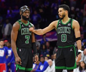May 5, 2023; Philadelphia, Pennsylvania, USA; Boston Celtics guard Jaylen Brown (7) and forward Jayson Tatum (0) celebrate during final minute of win against the Philadelphia 76ers during the fourth quarter of game three of the 2023 NBA playoff at Wells Fargo Center. Mandatory Credit: Eric Hartline-USA TODAY Sports Photo: Eric Hartline/REUTERS