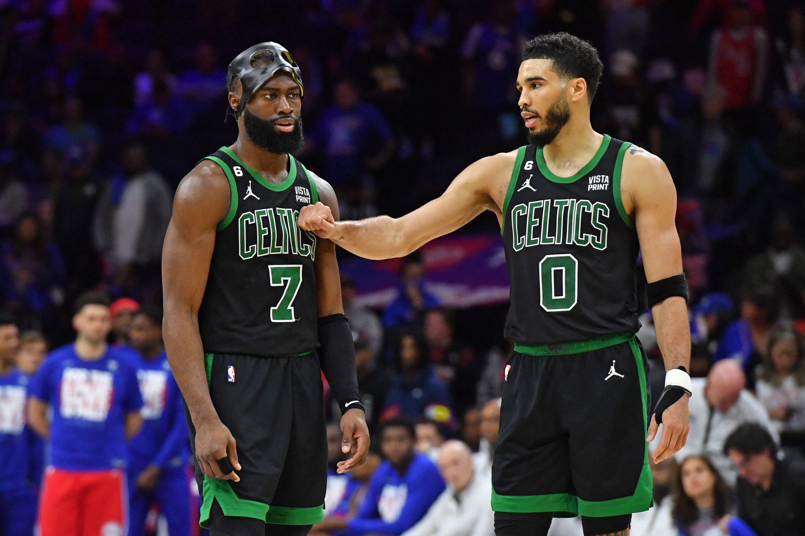 May 5, 2023; Philadelphia, Pennsylvania, USA; Boston Celtics guard Jaylen Brown (7) and forward Jayson Tatum (0) celebrate during final minute of win against the Philadelphia 76ers during the fourth quarter of game three of the 2023 NBA playoff at Wells Fargo Center. Mandatory Credit: Eric Hartline-USA TODAY Sports Photo: Eric Hartline/REUTERS