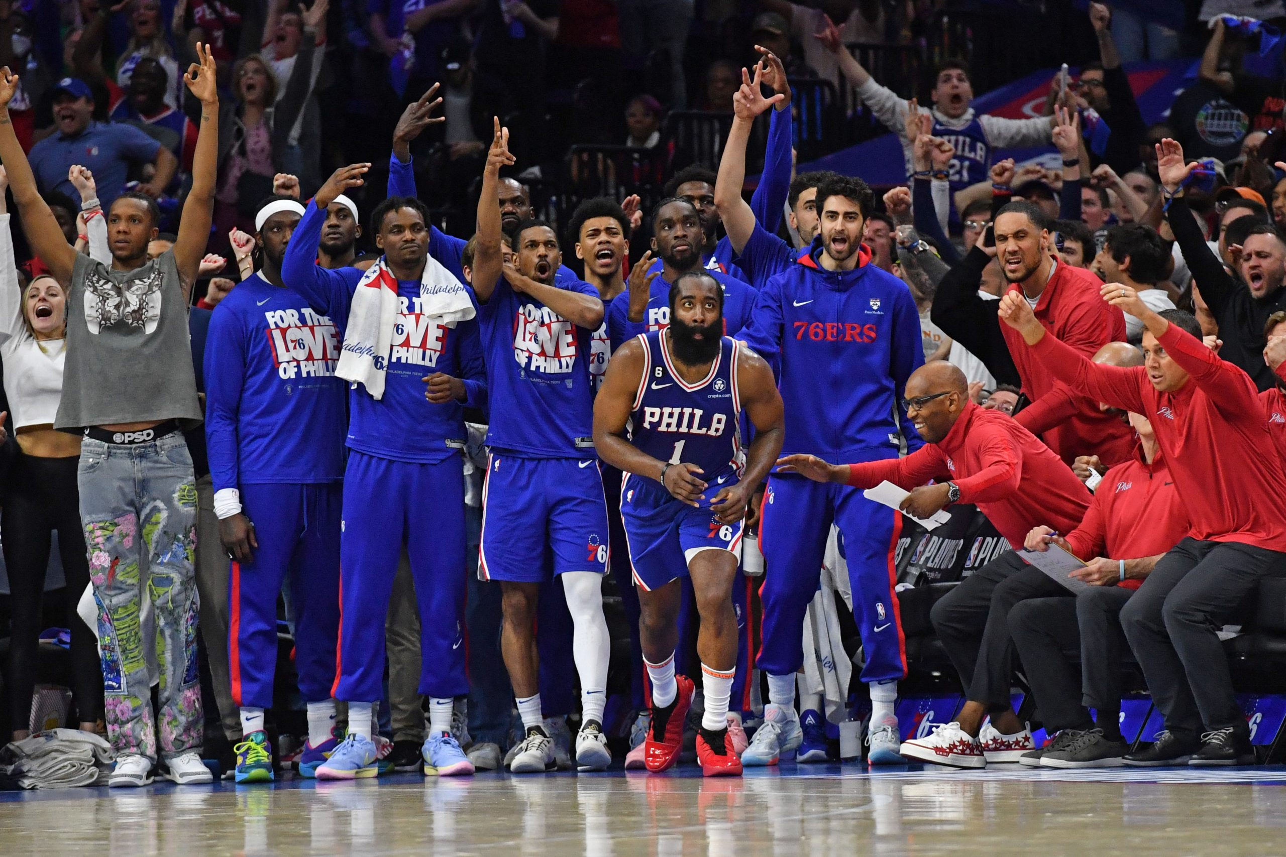 May 7, 2023; Philadelphia, Pennsylvania, USA; Philadelphia 76ers guard James Harden (1) reacts after making game-winning three point basket against the Boston Celtics during overtime of game four of the 2023 NBA playoffs at Wells Fargo Center. Mandatory Credit: Eric Hartline-USA TODAY Sports Photo: Eric Hartline/REUTERS