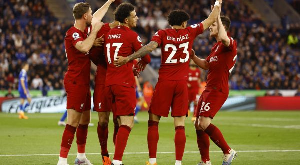 Soccer Football - Premier League - Leicester City v Liverpool - King Power Stadium, Leicester, Britain - May 15, 2023 Liverpool's Curtis Jones celebrates scoring their first goal with teammates Action Images via Reuters/Andrew Boyers EDITORIAL USE ONLY. No use with unauthorized audio, video, data, fixture lists, club/league logos or 'live' services. Online in-match use limited to 75 images, no video emulation. No use in betting, games or single club /league/player publications.  Please contact your account representative for further details. Photo: Andrew Boyers/REUTERS