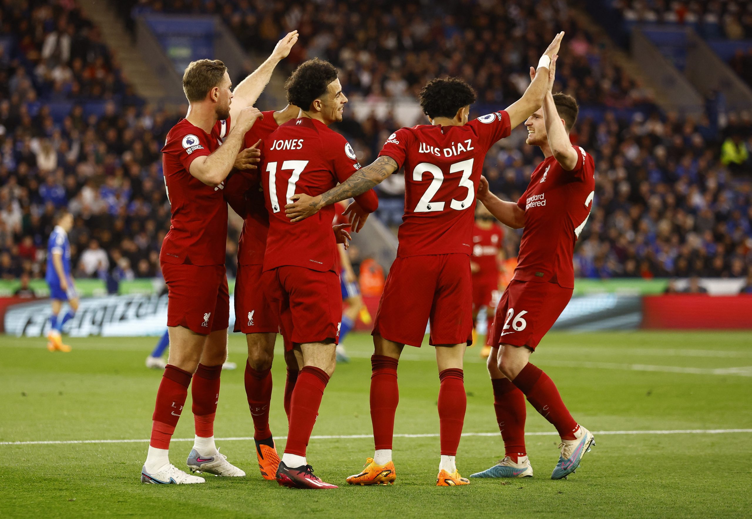 Soccer Football - Premier League - Leicester City v Liverpool - King Power Stadium, Leicester, Britain - May 15, 2023 Liverpool's Curtis Jones celebrates scoring their first goal with teammates Action Images via Reuters/Andrew Boyers EDITORIAL USE ONLY. No use with unauthorized audio, video, data, fixture lists, club/league logos or 'live' services. Online in-match use limited to 75 images, no video emulation. No use in betting, games or single club /league/player publications.  Please contact your account representative for further details. Photo: Andrew Boyers/REUTERS