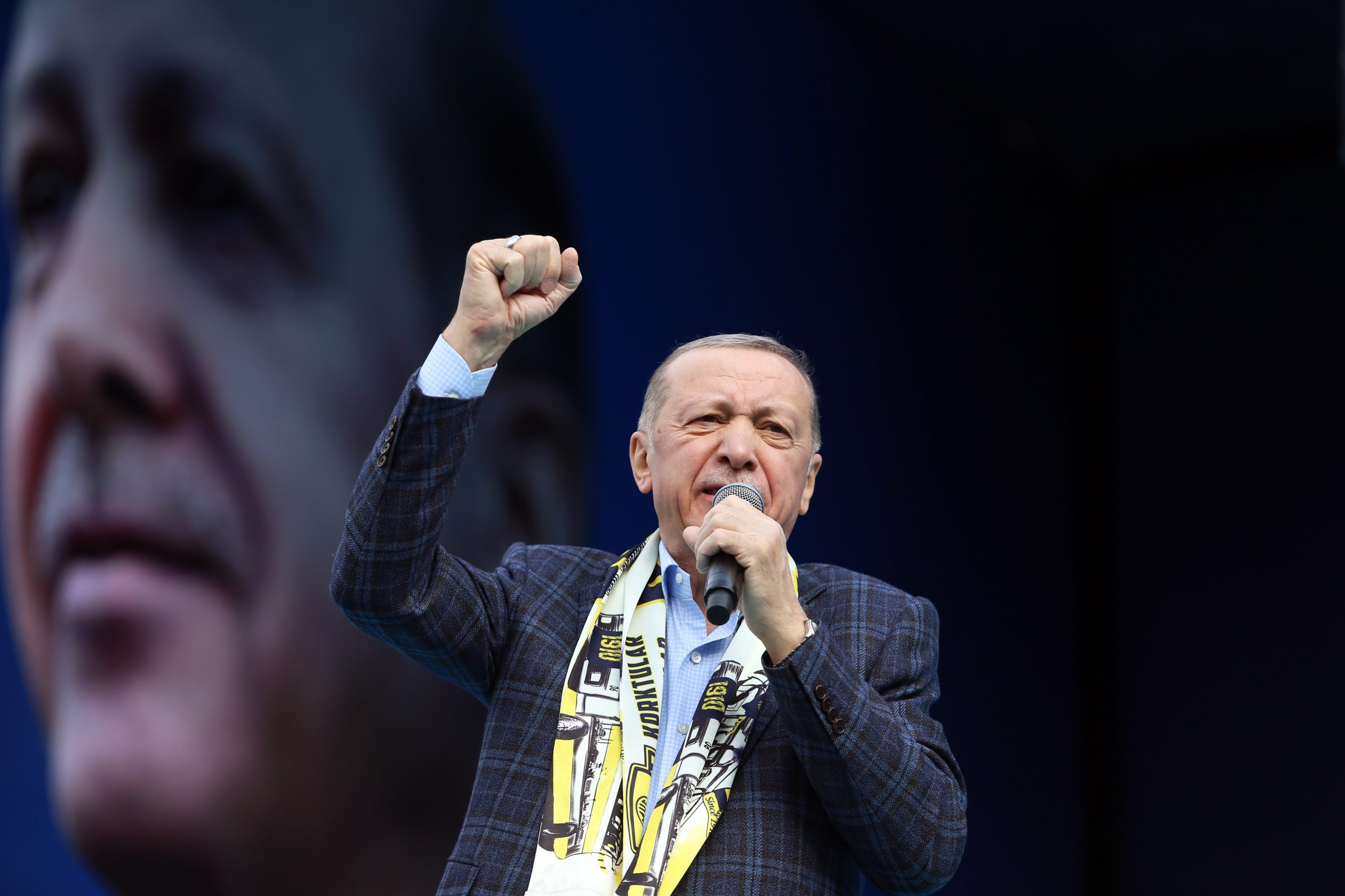 epa10600470 Turkish President Recep Tayyip Erdogan speaks during his elections campaign rally in Ankara, Turkey, 30 April 2023. General elections will be held in Turkey on 14 May 2023 with a two-round voting to elect the President of Turkey and parliamentary elections held simultaneously to elect the members the Grand National Assembly of Turkey.  EPA/NECATI SAVAS