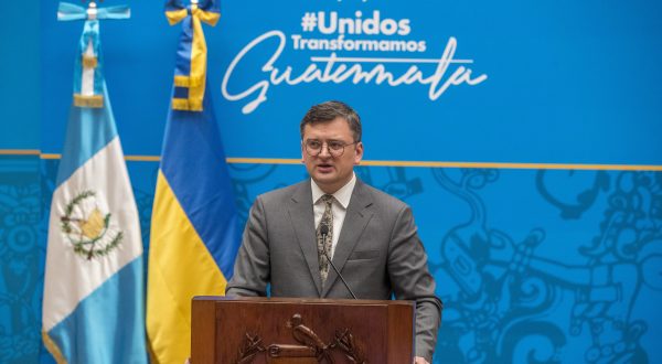 epa10621978 Ukraine's Foreign Minister Dmytro Kuleba gives a press conference at the National Palace in Guatemala City, Guatemala, 11 May 2023. The Ukrainian Foreign Minister, Dmytro Kuleba, asked the Latin American governments this 11 May, during his official visit to Guatemala, to condemn 'the Russian invasion' of his country and to support the creation of a special court for war crimes.  EPA/Esteban Biba
