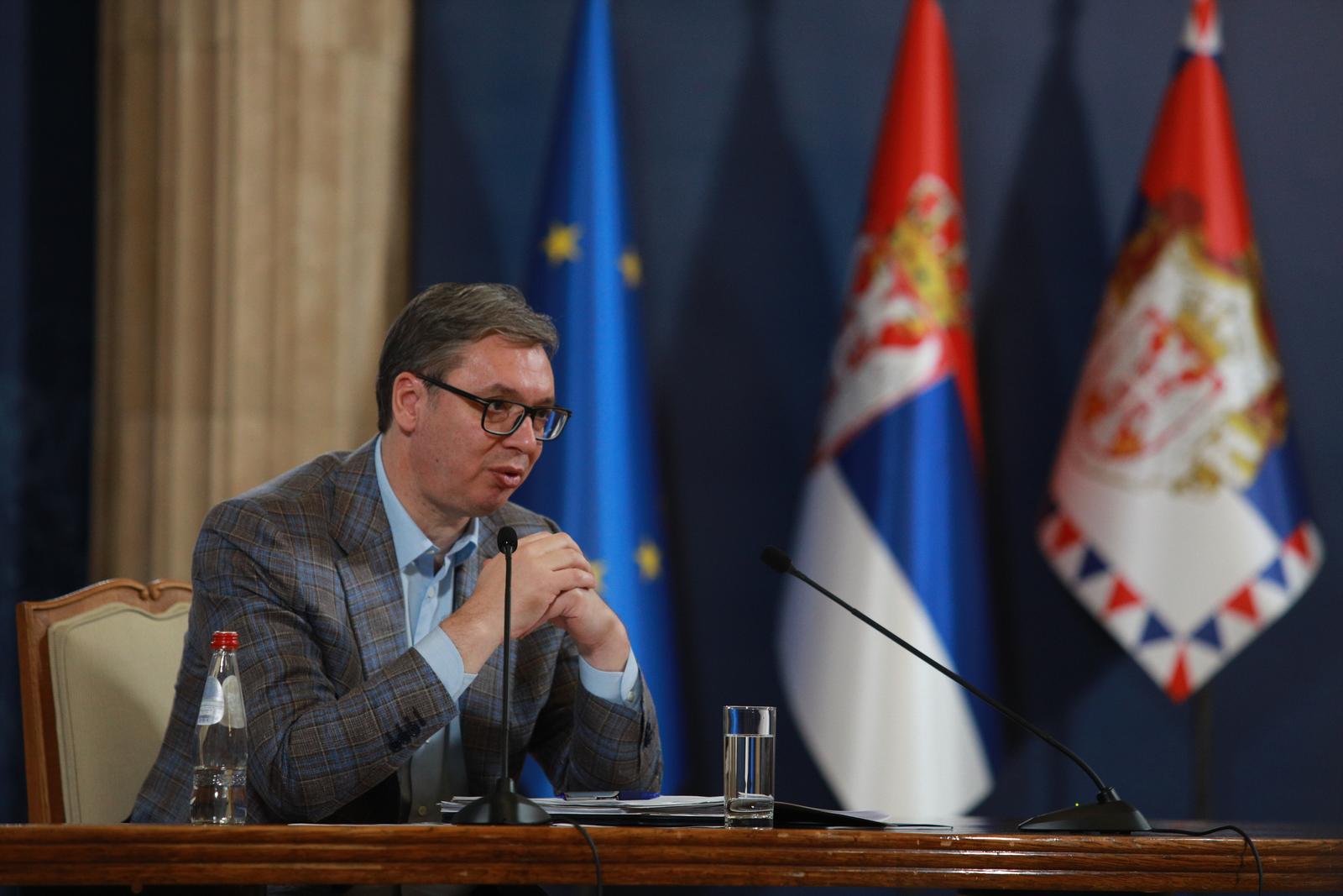 12, May, 2023, Belgrade - Addressing the public by the President of Serbia, Aleksandar Vucic, after the meeting with Miroslav Lajcak. Aleksandar Vucic.



12, maj, 2023, Beograd - Obracanje javnosti predsednika Srbije Aleksandra Vucica posle sastanka sa Miroslavom Lajcakom. Photo: Milos Tesic/ATA Images/PIXSELL