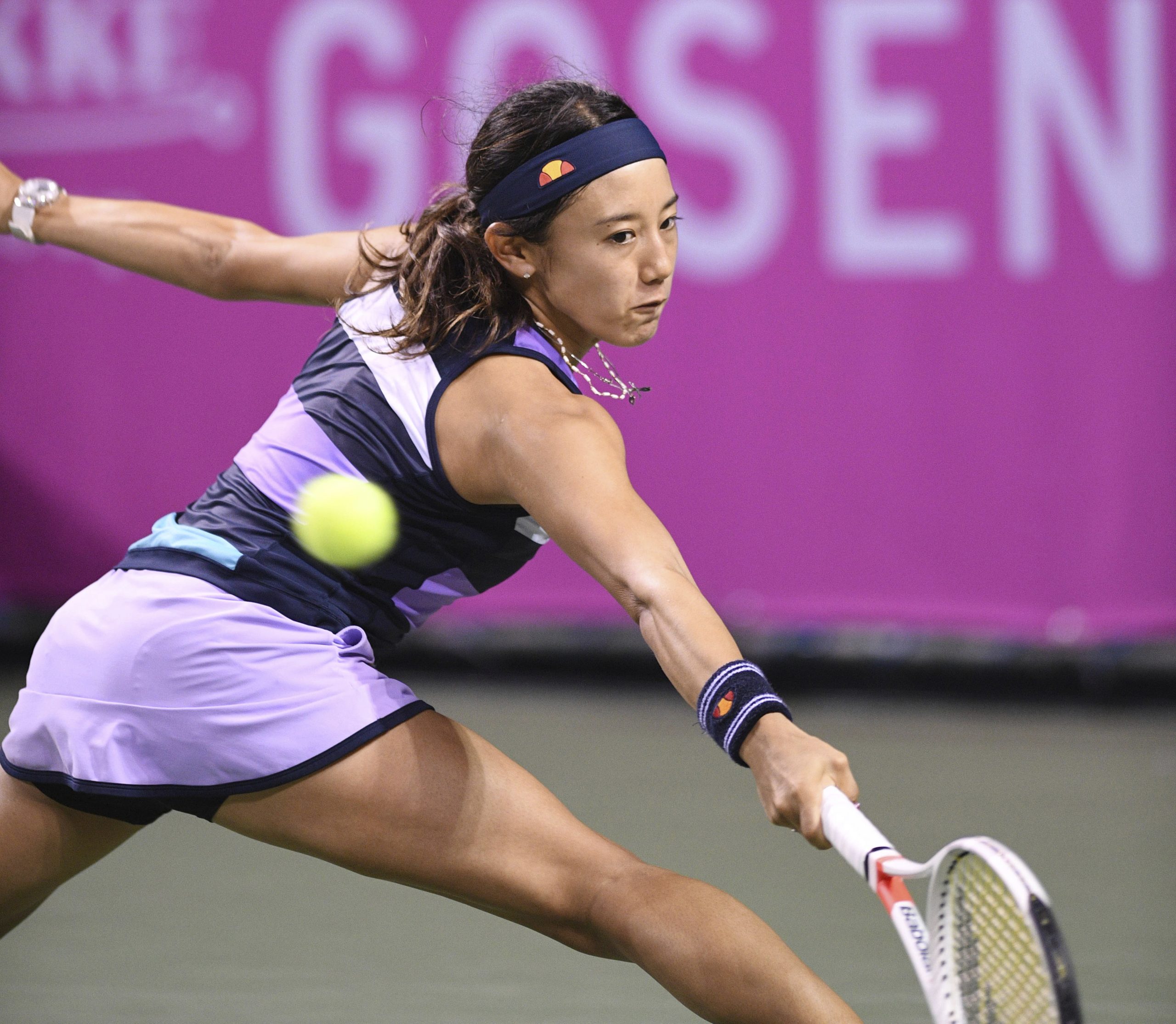 Japanese Miyu Kato hits a shot during the final of Japan Women's Open Tennis against Kazakhstan Zarina Diyas at Ariake Coliseum in Tokyo on Sep. 17, 2017. Diyas beats Kato 6-2, 7-5 to claim the title. ( The Yomiuri Shimbun via AP Images )