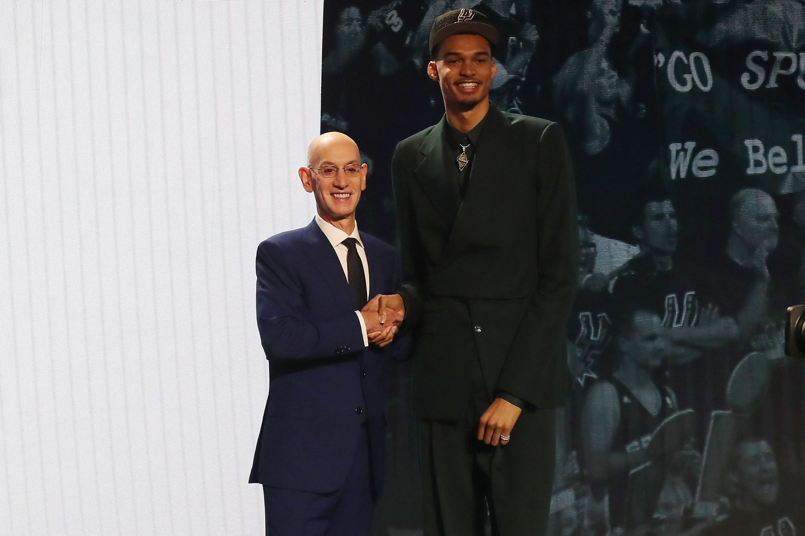 Jun 22, 2023; Brooklyn, NY, USA; Victor Wembanyama poses for photos with NBA commissioner Adam Silver after being selected first by the San Antonio Spurs in the first round of the 2023 NBA Draft at Barclays Arena. Mandatory Credit: Wendell Cruz-USA TODAY Sports