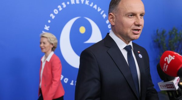 epa10632214 Polish President Andrzej Duda speaks to the media prior to the Opening Session of the 4th Summit of Heads of State and Government of the Council of Europe at the Harpa Conference Center in Reykjavik, Iceland, 16 May 2023. The Icelandic Prime Minister and Minister for Foreign Affairs will host the summit from 16 to 17 May. In addition to the Council of Europe's member states, representatives of the EU, the United Nations, and OSCE have been invited to address the summit which is expected to reaffirm the principles of the Council as well as the support for Ukraine.  EPA/Leszek Szymanski POLAND OUT