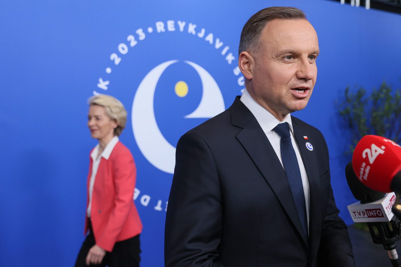 epa10632214 Polish President Andrzej Duda speaks to the media prior to the Opening Session of the 4th Summit of Heads of State and Government of the Council of Europe at the Harpa Conference Center in Reykjavik, Iceland, 16 May 2023. The Icelandic Prime Minister and Minister for Foreign Affairs will host the summit from 16 to 17 May. In addition to the Council of Europe's member states, representatives of the EU, the United Nations, and OSCE have been invited to address the summit which is expected to reaffirm the principles of the Council as well as the support for Ukraine.  EPA/Leszek Szymanski POLAND OUT