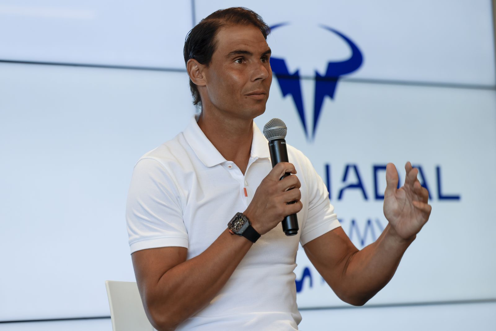 epa10636642 Spanish tennis player and 22-time Grand Slam winner Rafael Nadal delivers a press conference at Rafa Nadal Academy in Manacor, Mallorca, Balearic islands, Spain, 18 May 2023. Nadal announced his withdrawal from the upcoming Roland Garros tennis tournament due to an injury and stated that 2024 will most likely be his last year as a professional tennis player.  EPA/CATI CLADERA