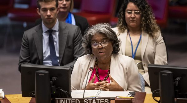 epa10650430 Representative of the United States of America in the UN Security Council UNSC Linda Thomas-Greenfield (C) addresses a Security Council briefing on the Middle East and the situation in Israel, at the UN headquarters in New York, New York, USA, 24 May 2023.  EPA/ALESSANDRO DELLA VALLE
