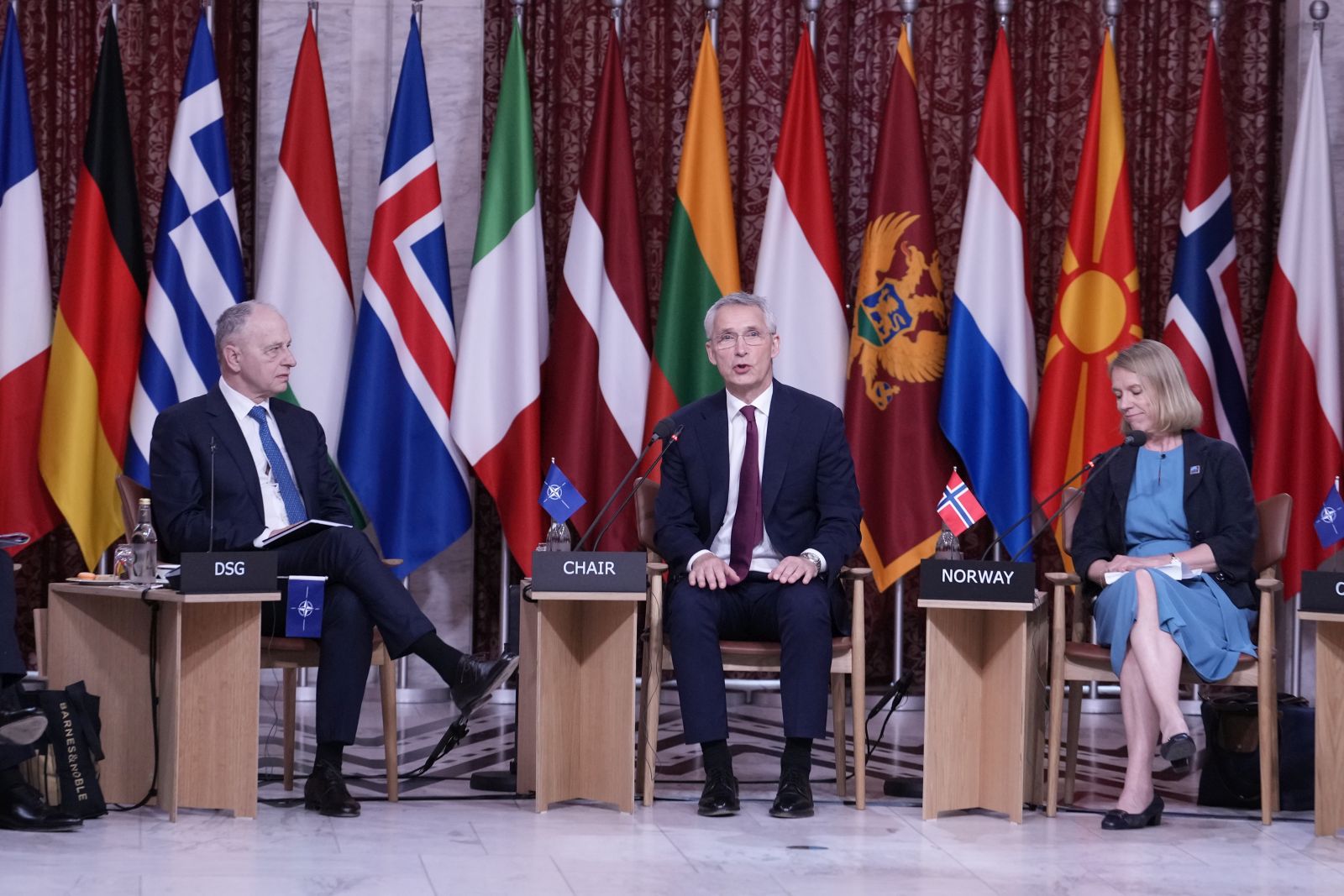 epa10666303 (L-R) NATO Deputy Secretary General Mircea Geoana, NATO Secretary General Jens Stoltenberg and Norway's Foreign Minister Anniken Huitfeldt during NATO's informal meeting of foreign ministers in Oslo, Norway, 01 June 2023.  EPA/Javad Parsa  NORWAY OUT