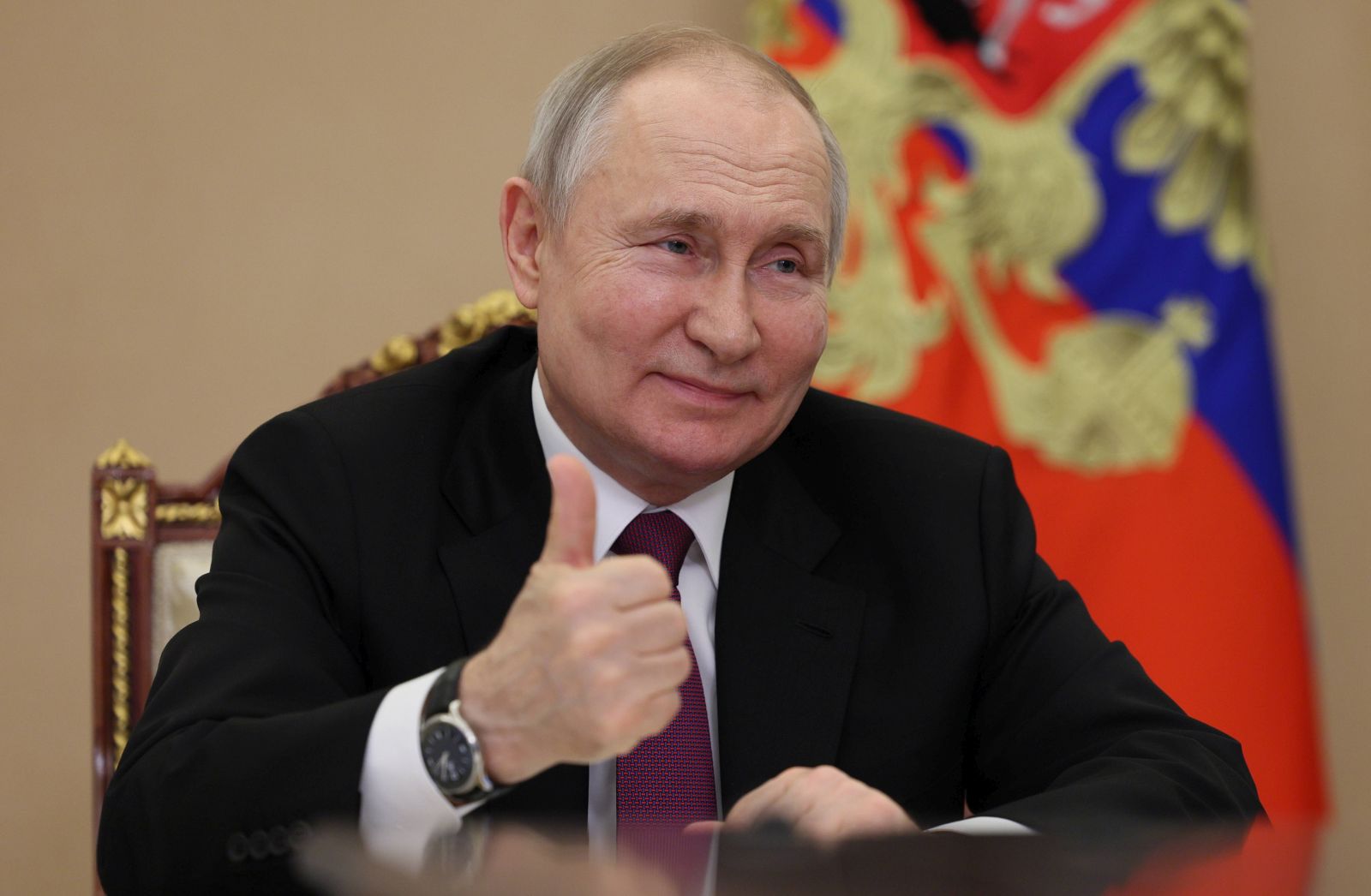 epa10667473 Russian President Vladimir Putin attends a meeting with families awarded Orders of Parental Glory via teleconference call at Kremlin in Moscow, Russia, 01 June 2023. Children's Day is celebrated annually on 01 June, established in November 1949 in Paris by the decision of the Congress of the Women's International Democratic Federation  EPA/GAVRIIL GRIGOROV / SPUTNIK / KREMLIN POOL MANDATORY CREDIT