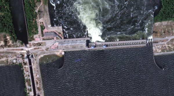 epa10676607 A handout satellite image made available by Maxar Technologies shows a closer view of the Nova Kakhovka dam and hydroelectric plant before its collapse Kherson region, southern Ukraine, 05 June 2023 (issued 06 June 2023). Ukraine has accused Russian forces of destroying a critical dam and hydroelectric power plant on the Dnipro River in the Kherson region along the front line in southern Ukraine on 06 June. A number of settlements were completely or partially flooded, Kherson region governor Oleksandr Prokudin said on telegram. Russian troops entered Ukraine on 24 February 2022 starting a conflict that has provoked destruction and a humanitarian crisis.  EPA/MAXAR TECHNOLOGIES HANDOUT -- MANDATORY CREDIT: SATELLITE IMAGE 2023 MAXAR TECHNOLOGIES -- THE WATERMARK MAY NOT BE REMOVED/CROPPED -- HANDOUT EDITORIAL USE ONLY/NO SALES