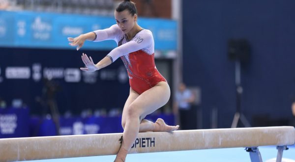 Osijek,Hrvatska.09.06.2023. Kvalifikacije u gimnastici na gredi  Dobro World Cup-u koje se odrzava u sportskoj dvorani Gradski vrt.
Na fotografiji: Tina Zelcic
Foto:FAH