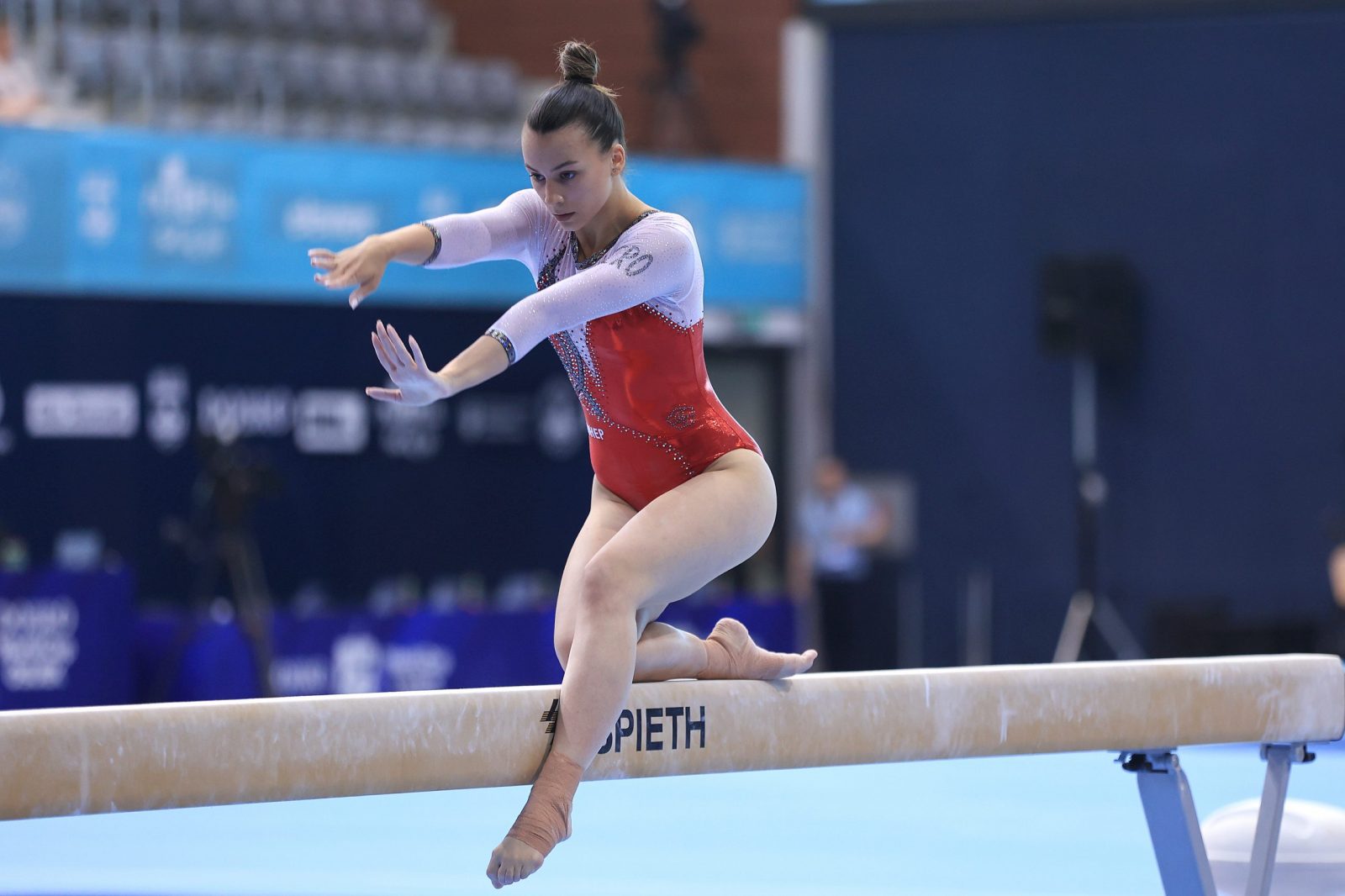 Osijek,Hrvatska.09.06.2023. Kvalifikacije u gimnastici na gredi  Dobro World Cup-u koje se odrzava u sportskoj dvorani Gradski vrt.
Na fotografiji: Tina Zelcic
Foto:FAH