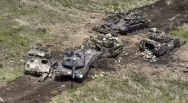 epa10682305 A still image taken from handout video provided 09 June 2023 by the Russian Defence ministry press-service shows Ukrainian tanks and armored military vehicles destroyed during combat in the Zaporizhzhia region, south of Ukraine, Ukraine.  Russian President Vladimir Putin said ‘it can be stated with absolute certainty that this offensive has begun, and this is evidenced by the use of the strategic reserves of the Ukrainian army.’  EPA/RUSSIAN DEFENCE MINISTRY PRESS SERVICE/HANDOUT HANDOUT EDITORIAL USE ONLY/NO SALES HANDOUT EDITORIAL USE ONLY/NO SALES