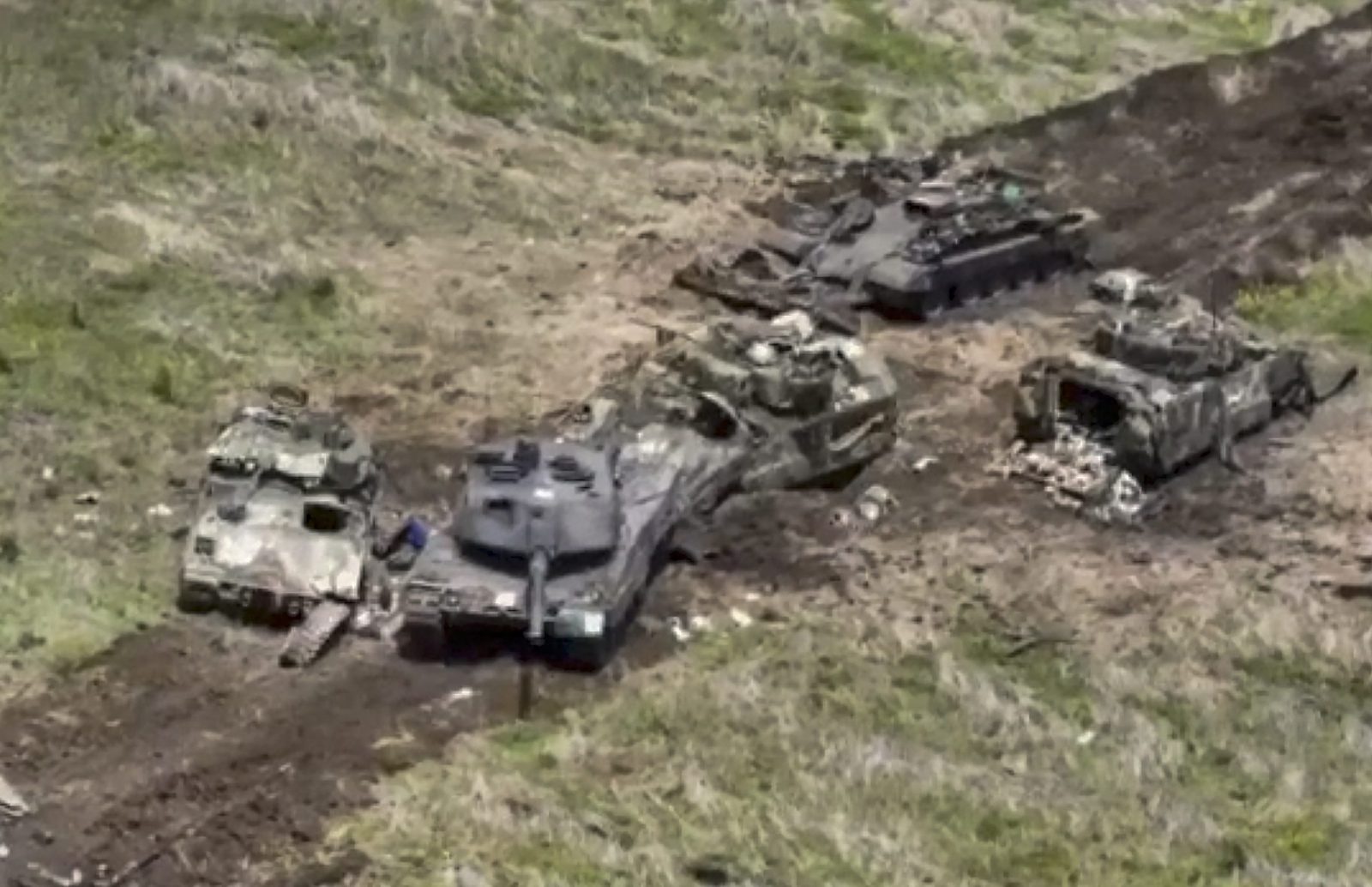 epa10682305 A still image taken from handout video provided 09 June 2023 by the Russian Defence ministry press-service shows Ukrainian tanks and armored military vehicles destroyed during combat in the Zaporizhzhia region, south of Ukraine, Ukraine.  Russian President Vladimir Putin said ‘it can be stated with absolute certainty that this offensive has begun, and this is evidenced by the use of the strategic reserves of the Ukrainian army.’  EPA/RUSSIAN DEFENCE MINISTRY PRESS SERVICE/HANDOUT HANDOUT EDITORIAL USE ONLY/NO SALES HANDOUT EDITORIAL USE ONLY/NO SALES