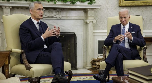 epa10689113 US President Joe Biden (R) meets with NATO Secretary General Jens Stoltenberg in the Oval Office at the White House in Washington, DC, USA, 13 June 2023.  EPA/SAMUEL CORUM / POOL