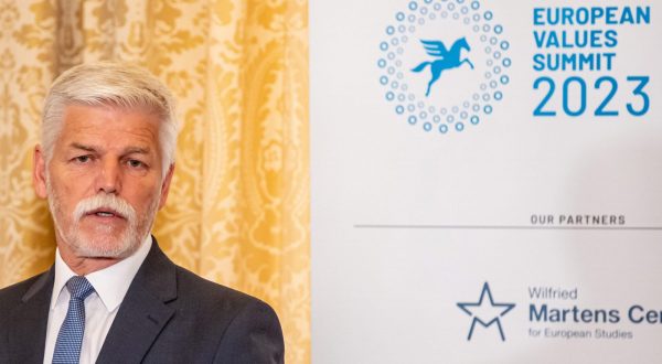epa10689900 Czech President Petr Pavel delivers a speech at the European Values Summit 2023 in Prague, Czech Republic, 14 June 2023.  EPA/MARTIN DIVISEK