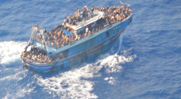epa10691107 A handout photo made available by the Hellenic Coast Guard on 14 June 2023 shows a fishing vessel carrying a large number of migrants sailing in international waters, near western Peloponnese. 104 people were rescued by the Coast Guard during the search-and-rescue operation after a fishing boat, carrying an unknown number of migrants, capsized in international waters on 14 June, 47 nautical miles southwest of the Peloponnese coast and the town of Pylos. The death toll of the shipwreck rose to at least 79, authorities said.  EPA/HELLENIC COAST GUARD / HANDOUT -- BEST QUALITY AVAILABLE -- HANDOUT EDITORIAL USE ONLY/NO SALES
