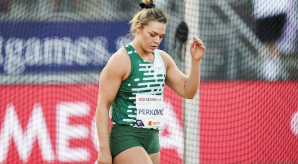 epa10693555 Sandra Perkovic from Croatia takes part in the discus during the Diamond League Bislett Games 2023 at Bislett Stadium in Oslo, Norway, 15 June 2023.  EPA/Terje Pedersen  NORWAY OUT