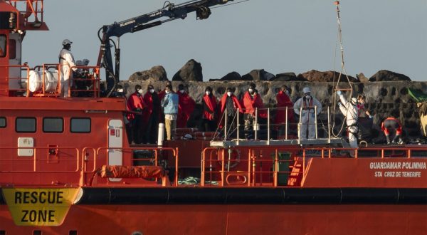 epa10705236 A group of 54 migrants arrive to Arrecife port in Lanzarote, Canary Islands, Spain, 22 June 2023, after they were rescued at sea as they were trying to reach the Spanish coast.  EPA/Adriel Perdomo