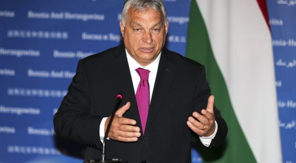epa10705545 Hungarian Prime Minister Viktor Orban gestures as he speaks during a joint press conference with Bosnia and Herzegovina's Council of Ministers Chairwoman Borjana Kristo (not pictured) following their meeting Sarajevo, Bosnia and Herzegovina, 22 June 2023.  EPA/FEHIM DEMIR