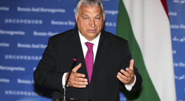 epa10705545 Hungarian Prime Minister Viktor Orban gestures as he speaks during a joint press conference with Bosnia and Herzegovina's Council of Ministers Chairwoman Borjana Kristo (not pictured) following their meeting Sarajevo, Bosnia and Herzegovina, 22 June 2023.  EPA/FEHIM DEMIR
