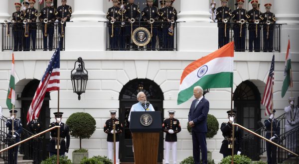 epa10706094 Prime Minister of India Narendra Modi (L) speaks beside US President Joe Biden (R) during an official welcome ceremony on the South Lawn of the White House in Washington, DC, USA, 22 June 2023. Biden hosts Modi for a state visit, during which they will discuss a variety of issues ranging from security in the Indo-Pacific, technology partnership and climate change.  EPA/MICHAEL REYNOLDS
