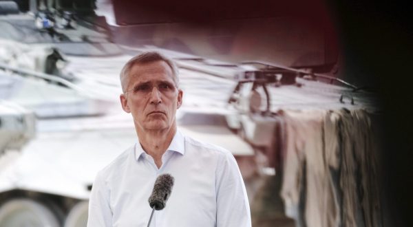 epa10712206 NATO Secretary General Jens Stoltenberg attends a press conference during his visit to a training phase of Exercise Griffin Storm at the General Silvestras Zukauskas Training Area, in Pabrade, Lithuania, 26 June 2023. NATO Secretary General Jens Stoltenberg traveled to Lithuania between 26-27 June, as part of preparations for a NATO Summit taking place in Vilnius next month. On this occasion Stoltenberg, joined by Lithuanian President Gitanas Nauseda and German Defence Minister Boris Pistorius, met German and Lithuanian troops training together in Exercise Griffin Storm 2023 at the General Silvestras Zukauskas Training Area in Pabrade.  EPA/VALDA KALNINA