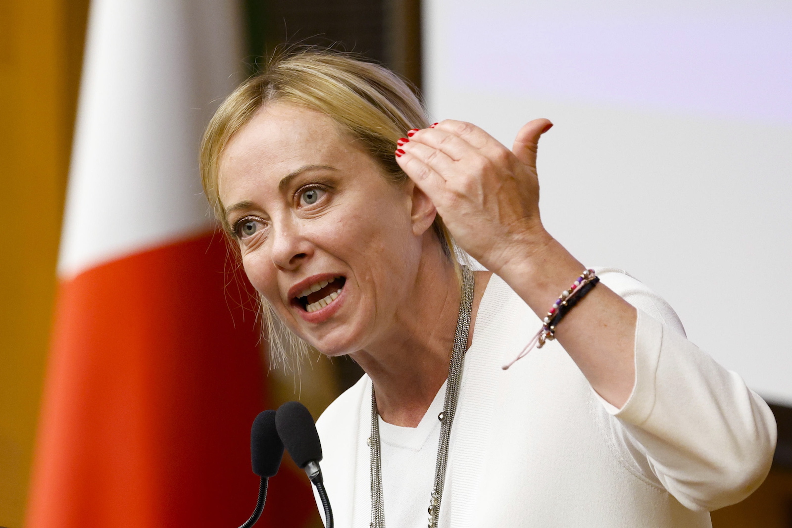 epa10712769 Italian Prime Minister Giorgia Meloni speaks in the hall of the parliamentary groups of the Chamber of Deputies on the occasion of World Day against Drugs, in Rome, Italy, 26 June 2023. 'Drugs are all bad, there is no distinction, anyone who says something different is telling a lie', the Italian premier told MPs told the Lower House on World Day against Drugs.. 'To say that there are drugs that can be used is a deception', she added.  EPA/FABIO FRUSTACI