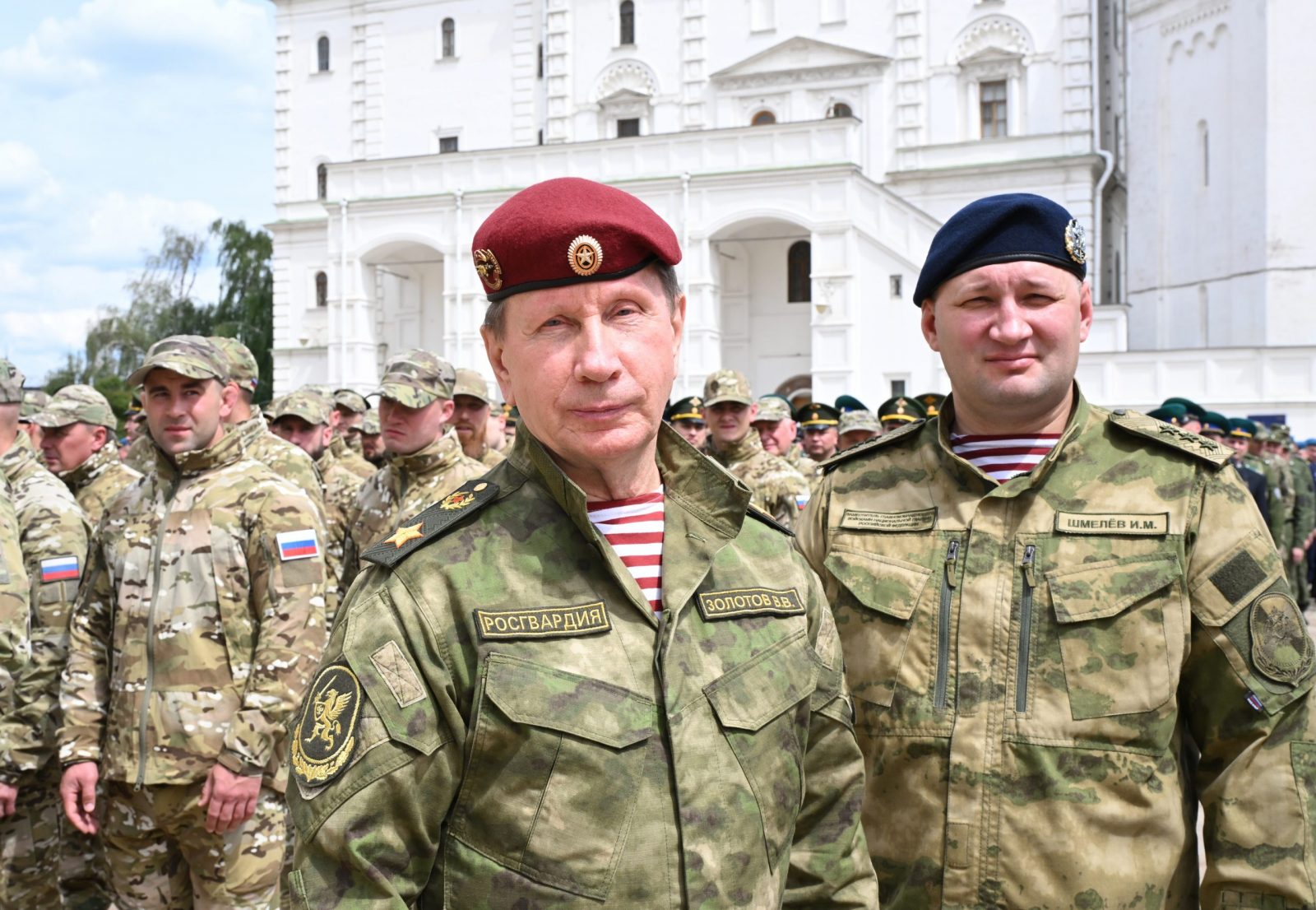 epa10713846 Commander of the National Guard (Rosgvardia) Viktor Zolotov (C) looks on before an address of the Russian President Vladimir Putin to units of the Russian Defence Ministry, the Russian National Guard Troops (Rosgvardiya), the Russian Ministry of Internal Affairs (MVD), the Russian Federal Security Service (FSB) and the Russian Federal Protective Service (FSO), who ensured order and legality during the mutiny, at the Kremlin, in Moscow, Russia, 27 June 2023. 'Units of the Ministry of Defense, the National Guard, employees of the Ministry of Internal Affairs and special services ensured the reliable operation of the most important control centers, strategic, including defense facilities, the security of border regions, the strength of the rear of our armed forces, all military formations that continued to heroically fight at the front at that time ', Putin said, referring to the units of the Ministry of Defense, the Russian Guard, the FSB, the Ministry of Internal Affairs and the FSO, which participated in the suppression of the attempted rebellion on June 24.  EPA/SERGEY GUNEEV / SPUTNIK / KREMLIN / POOL MANDATORY CREDIT
