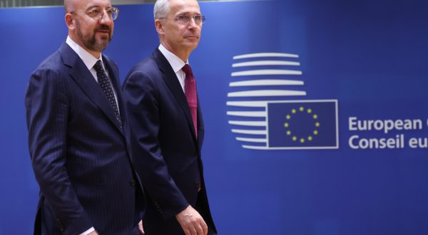 epa10717268 European Council President Charles Michel and Nato Secretary General Jens Stoltenberg (R) during a European Council in Brussels, Belgium, 29 June 2023. EU leaders are gathering in Brussels for a two-day summit to discuss the latest developments in relation to Russia's invasion of Ukraine and continued EU support for Ukraine as well as the block's economy, security, migration and external relations, among other topics.  EPA/OLIVIER HOSLET