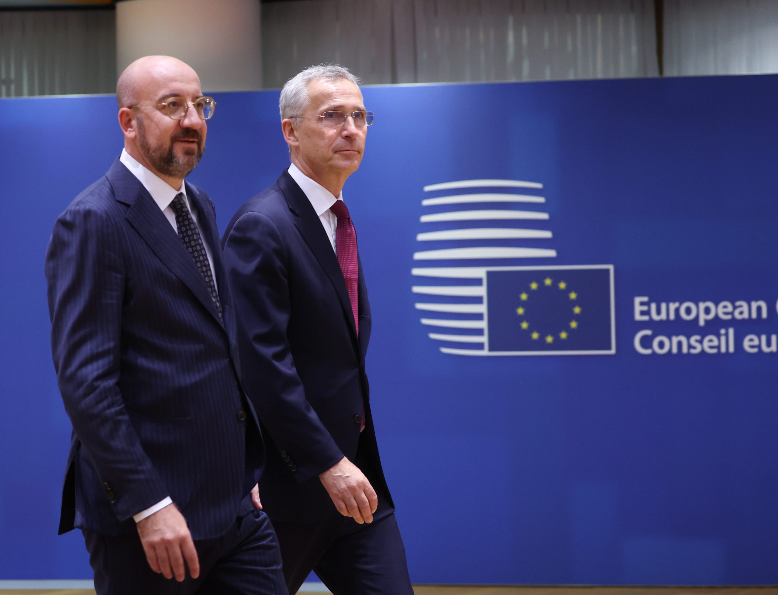 epa10717268 European Council President Charles Michel and Nato Secretary General Jens Stoltenberg (R) during a European Council in Brussels, Belgium, 29 June 2023. EU leaders are gathering in Brussels for a two-day summit to discuss the latest developments in relation to Russia's invasion of Ukraine and continued EU support for Ukraine as well as the block's economy, security, migration and external relations, among other topics.  EPA/OLIVIER HOSLET