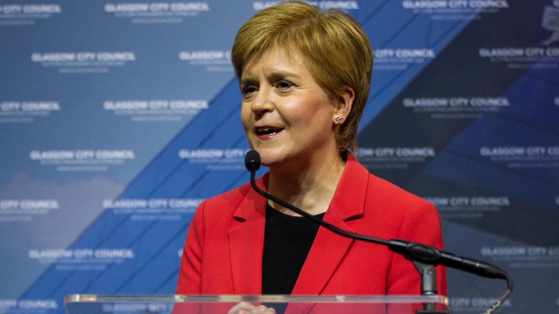 epa09183726 Scotland's First Minister and leader of the Scottish National Party (SNP), Nicola Sturgeon gives her acceptance speech after being declared the winner of the Glasgow Southside seat at Glasgow counting centre in the Emirates Arena in Glasgow, Britain, 07 May 2021. People in Scotland headed to the polls on 06 May to elect 129 members of the Scottish Parliament. The vote count began on 07 May and the final results are expected to be announced on 08 May.  EPA-EFE/ROBERT PERRY