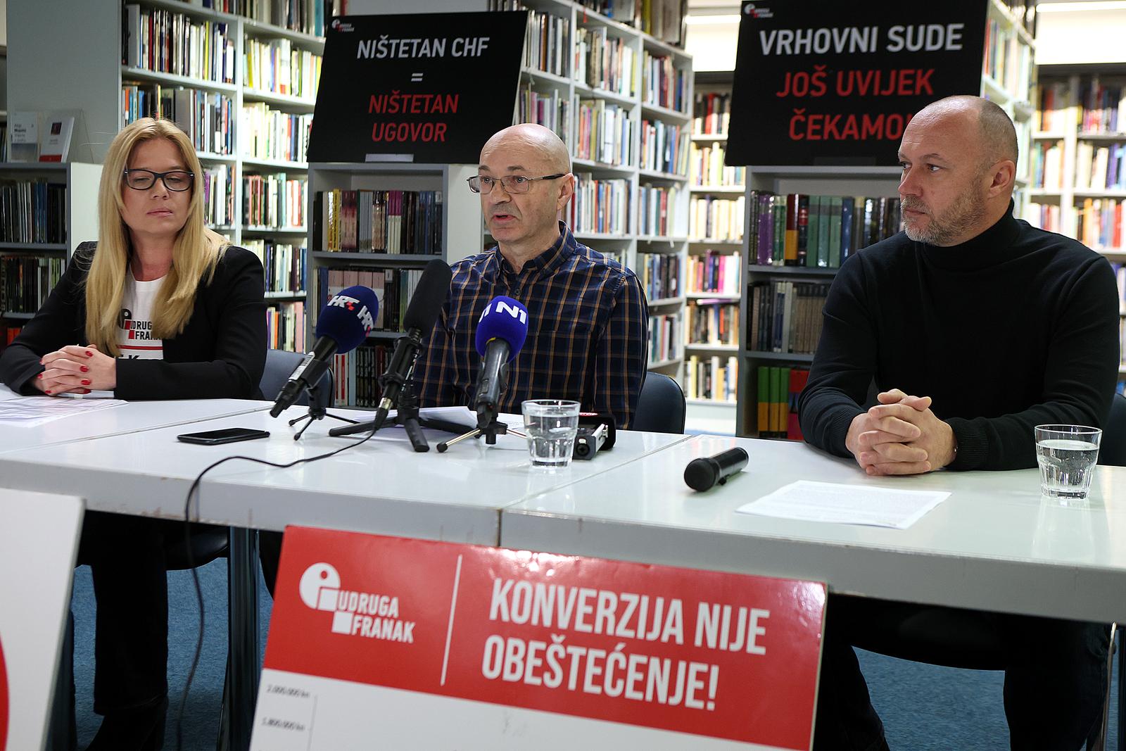 01.03.2023., Zagreb - Konferencija za medije Udruge Franak na kojoj je najavljen veliki prosvjed 1. travnja na Zrinjevcu zbog, kako navode iz udruge, pravne nesigurnosti za 55.000 potrosaca s konverzijama. Na konferenciji su govorili predsjednik Upravnog odbora Udruge Franak Elvis Sudar, voditeljica ureda Udruge Franak Sandra Ziga te aktivist Goran Aleksic. Photo: Goran Stanzl/PIXSELL