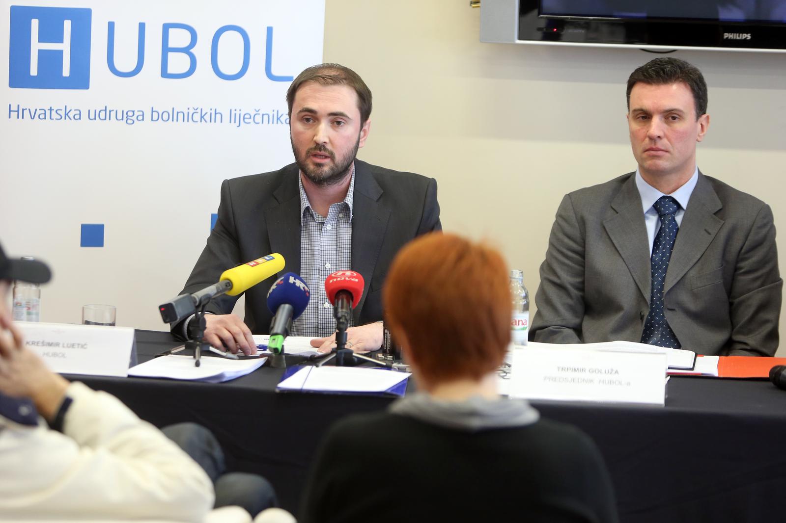 05.02.2014., hotel Antunovic, Zagreb - Konferencija za novinare Hrvatske udruge bolnickih lijecnika HUBOL-a i Koordinacije hrvatske obiteljske medicine KOHOM-a na temu aktualnog stanja u javnom bolnickom sustavu te problemima vezanim uz smjenski rad lijecnika i sve vecem interesu hrvatskih lijecnika za odlaskom na rad u inozemstvo. Konferenciji su nazocili Kresimir Luetic, predsjednik HUBOL-a Trpimir Goluza, Mario Malnar iz KOHOM-a te Ines Balint, predsjednica KOHOM-a.rPhoto: Robert Anic/PIXSELL