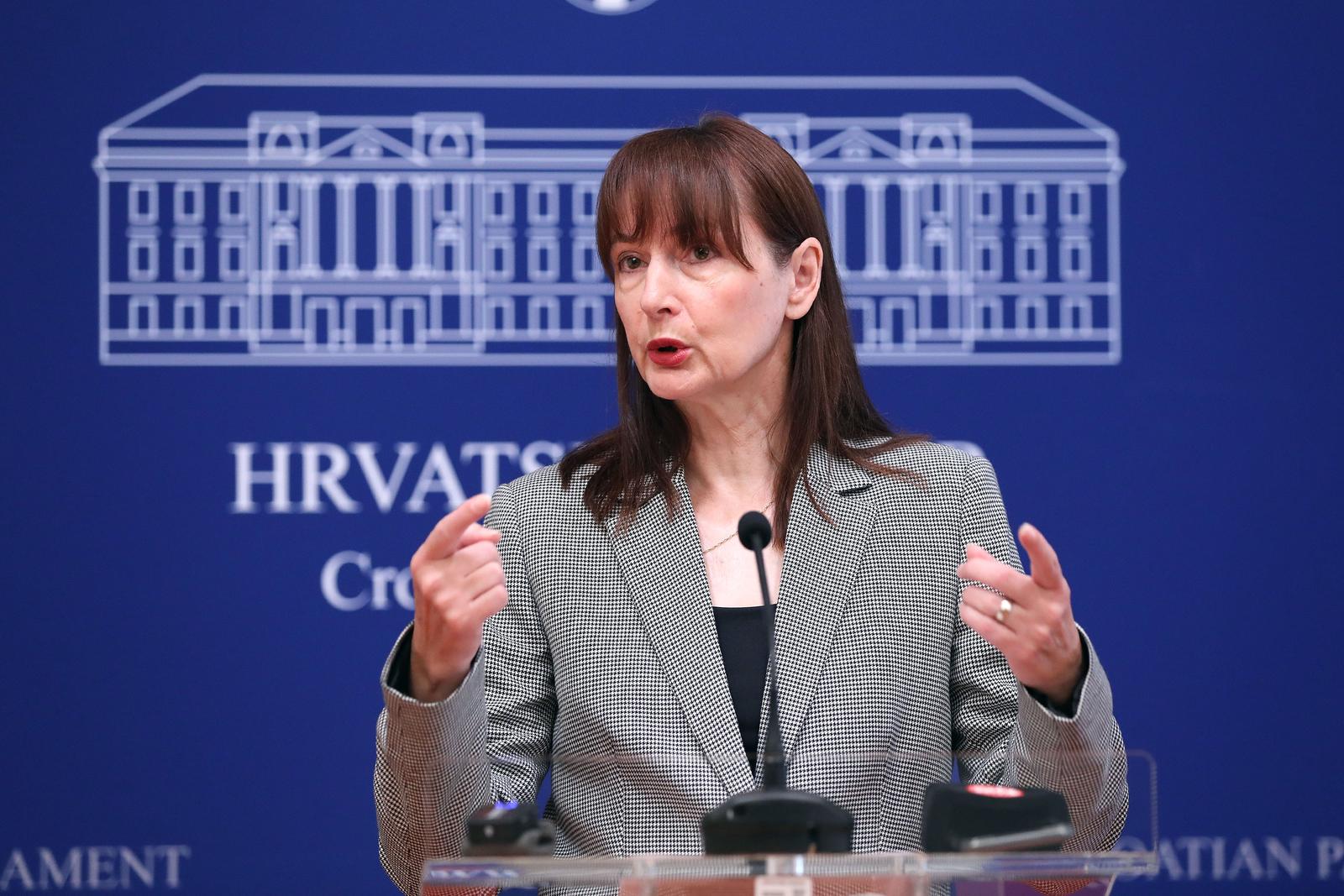 07.06.2023., Zagreb - Na konferenciji za medije odrzanoj u Saboru o temi „Zakonski okvir posvojenja iz tzv. trecih drzava“ govorila je Vesna Vucemilovic. Photo: Patrik Macek/PIXSELL