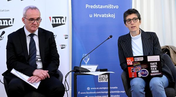 08.05.2023., Zagreb - Ured Europskog parlamenta u Hrvatskoj organizira panel raspravu o mehanizmima koje predvidja Europski akt o slobodi medija. Hrvoje Zovko, Maja Sever Photo: Marko Lukunic/PIXSELL