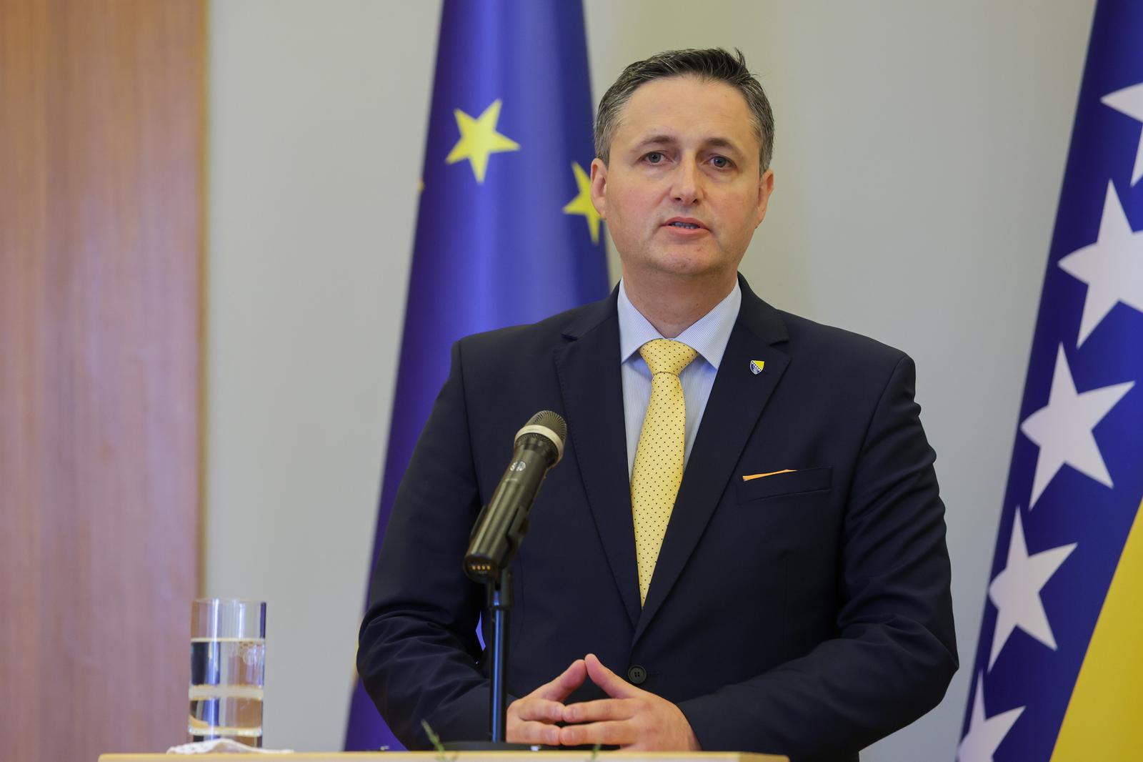 11.05.2023., Ured predsjednika, Zagreb - Dolazak clana Predsjednistva Bosne i Hercegovine Denisa Becirovica na radni sastanak sa predsjednikom Zoranom Milanovicem. Izjave za medije nakon sastanka. Photo: Luka Stanzl/PIXSELL