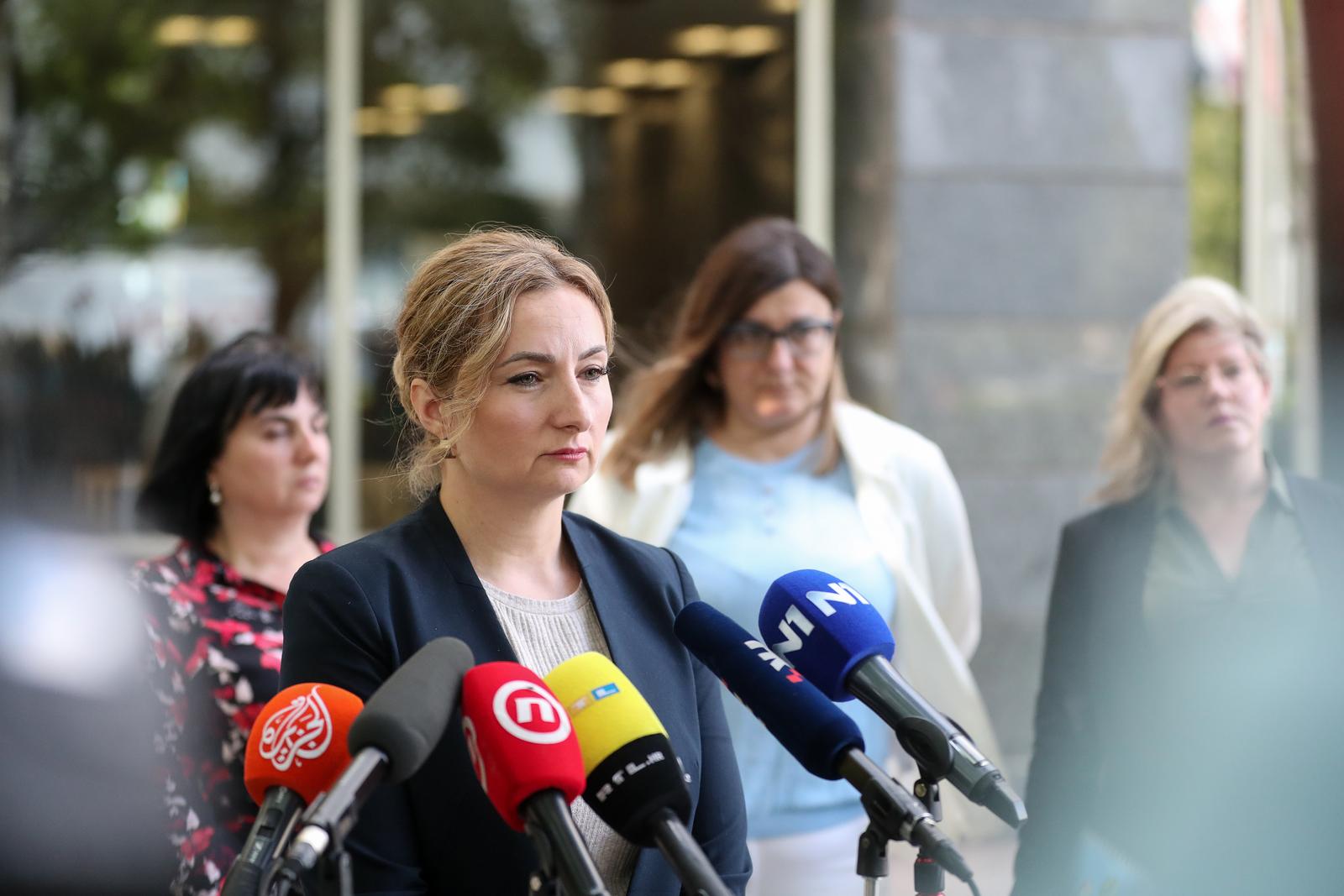 12.06.2023., Zagreb - U Ministarstvu pravosudja i uprave odrzan je sastanak izmedju ministra i Sindikata drzavnih i lokalnih sluzbenika i namjestenika Republike Hrvatske (SDLSN RH). Izjavu medijima nakon sastanka dala je predsjednica SDLSN-a Iva Suskovic. Photo: Matija Habljak/PIXSELL